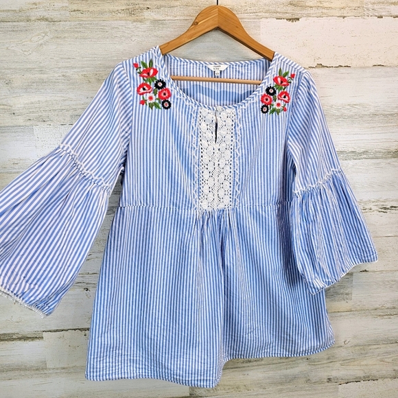 Crown & Ivy Womens Blue White Striped Cotton Top L Boho Chic Embroidered Blouse - Picture 5 of 11